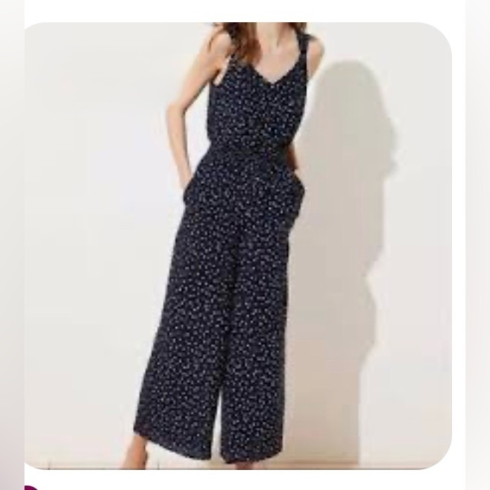 LOFT Navy Dot Sleeveless Pants Romper w/ Tie Elastic Waist Wide Leg Size 8